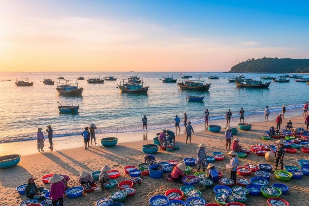 Bà con họp chợ hải sản sáng sớm tại làng chài Kê Gà